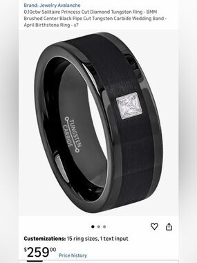 Men’s black Tungsten Carbide and diamond Wedding Band or April birthstone ring